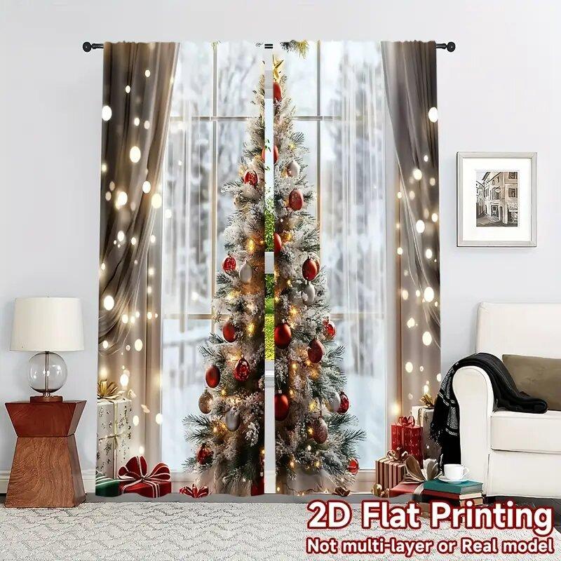

Набор из 2 праздничных штор с рождественским узором, Декор для дома, Комнаты, Полиэстер W100*H70(CM)-Rod Pocket&1PCS
