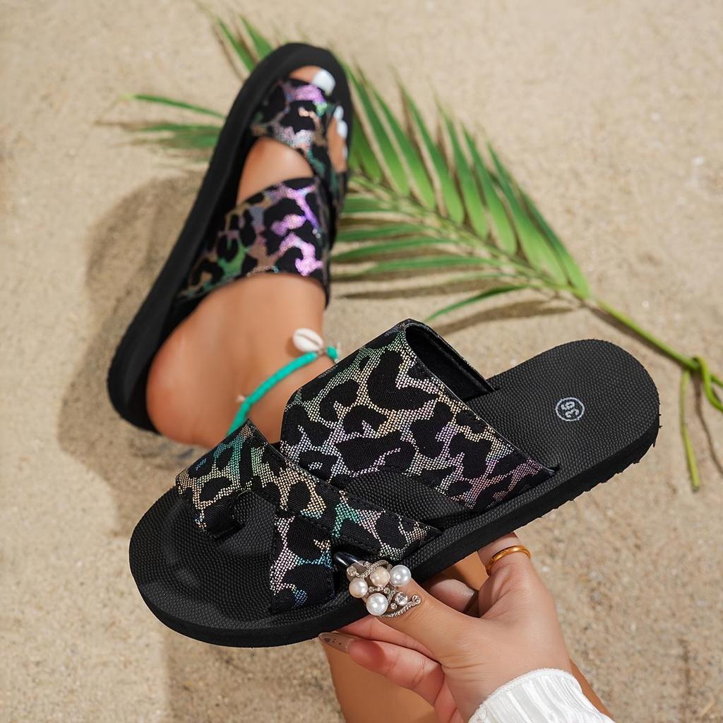 Damen Lässige Stilvolle Bedruckte Stoff Große Größe Flache Sandalen, Neue Damen Modische Lässige Flache Hausschuhe