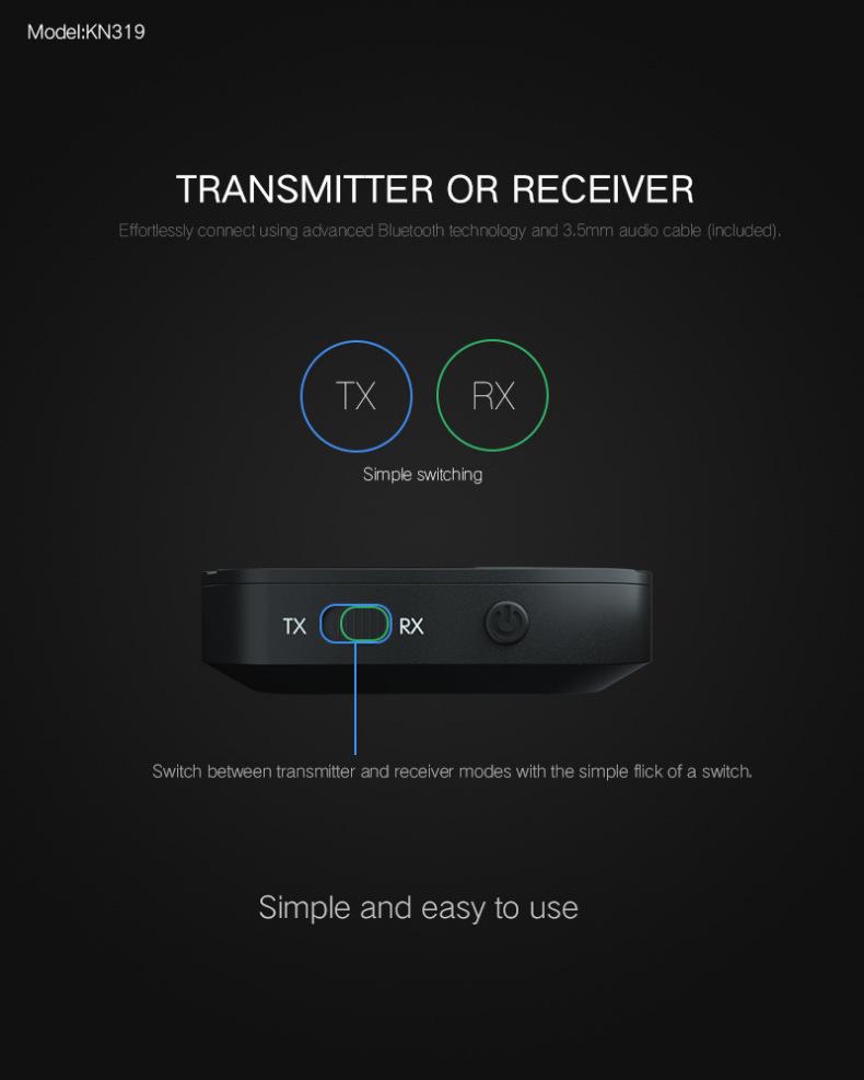 KN319 Bluetooth 5.0 Transmitter & Receiver: Dual Function Adapter for TV, Car, Speaker, and Computer Audio.