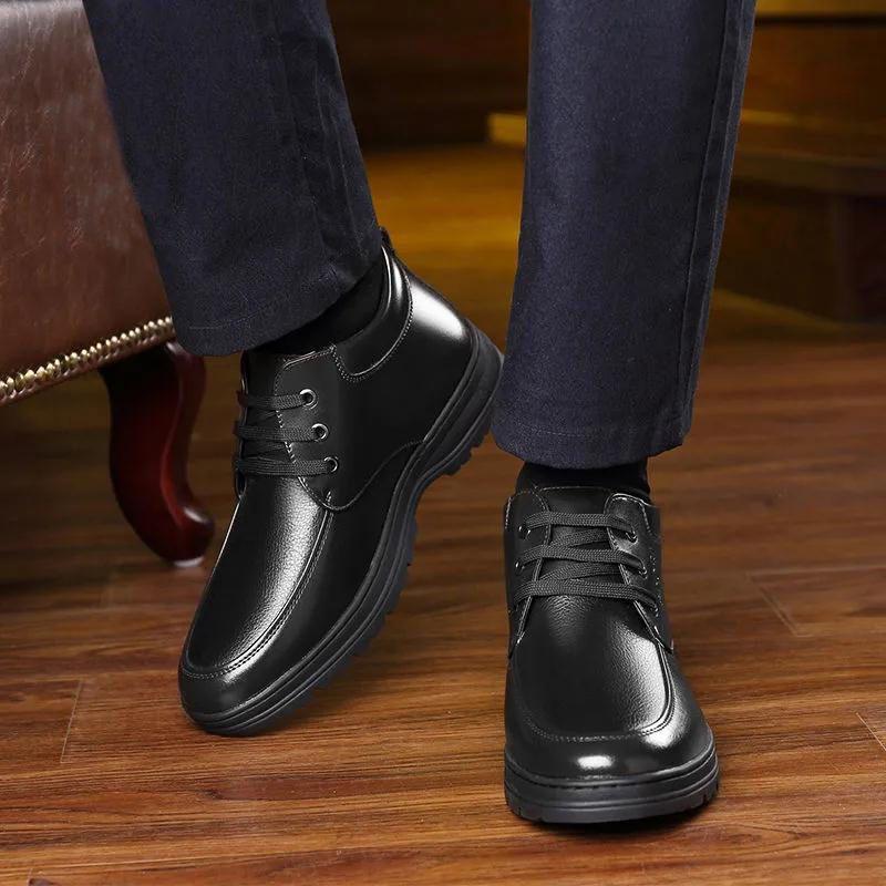 Leather cotton shoes for men's winter warmth, piled and thickened high-top men's casual cotton leather shoes