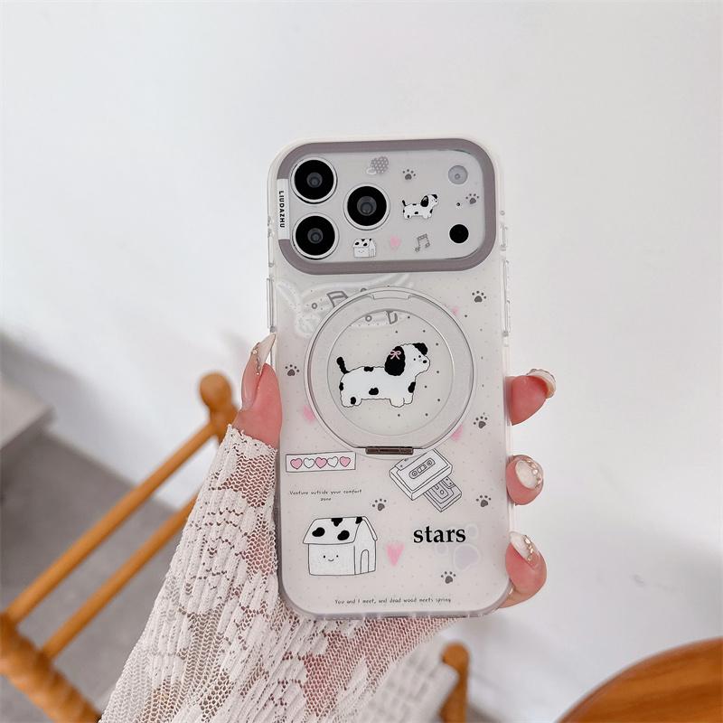 Kawaii Cartoon Dog Cat Print Ring Holder Phone Case For iPhone 15 16 17 Pro Max INS Korean Style Large Window Shockproof Cover