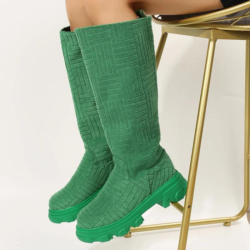 Fashion Plus Size 43 Women Platform Shoes Round Toe Slip-On Knee-high Boots Fashion Anti Slip Thick Sole Mid Heels Botas Mujer