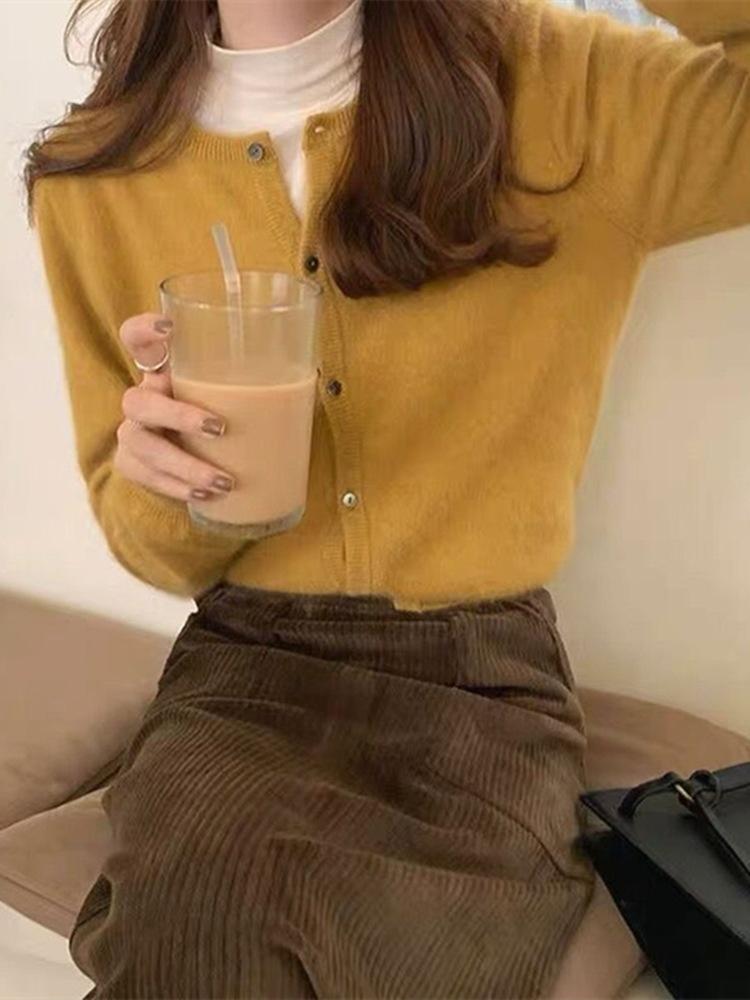 2026 Spring/Autumn Women's Korean Style 100% Pure Wool Cardigan - Round Neck, Thin Cashmere Knit Sweater Coat