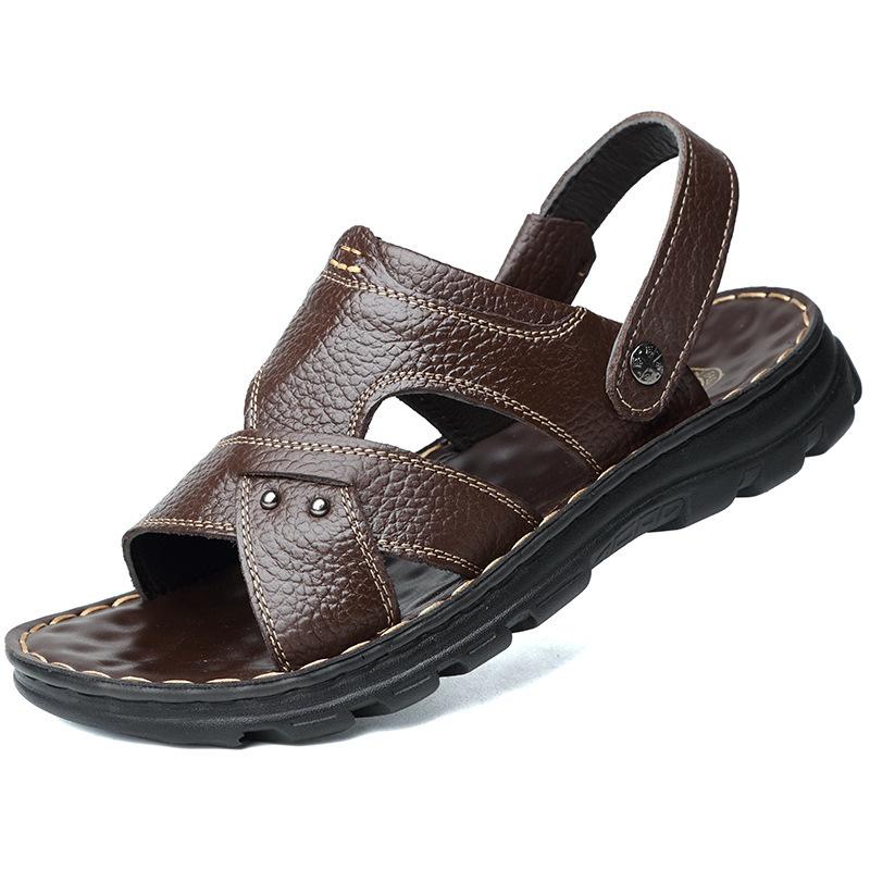 Erste Schicht Rindsleder Sandalen Herren Strand Schuhe Rutschfest Overalls Sandalen Zwei Tragevarianten Freizeitschuhe Handgemachte Lederschuhe