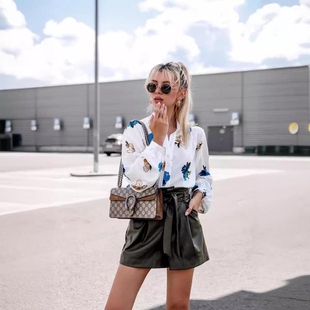 Autumn 2024 Floral Print Stand-up Collar Long Sleeve Shirt for Women - European & American Style