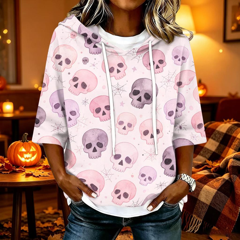 Women's Halloween Printed Hooded 3/4 Sleeve Casual Loose Fit Pullover