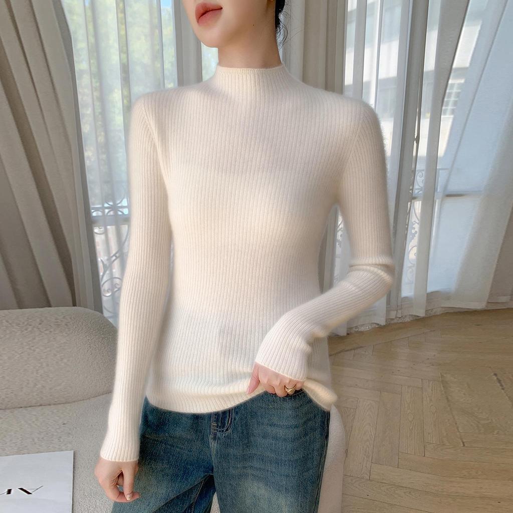 2025 Autumn/Winter High Neck Striped Cashmere Knit Slim Fit Sweater