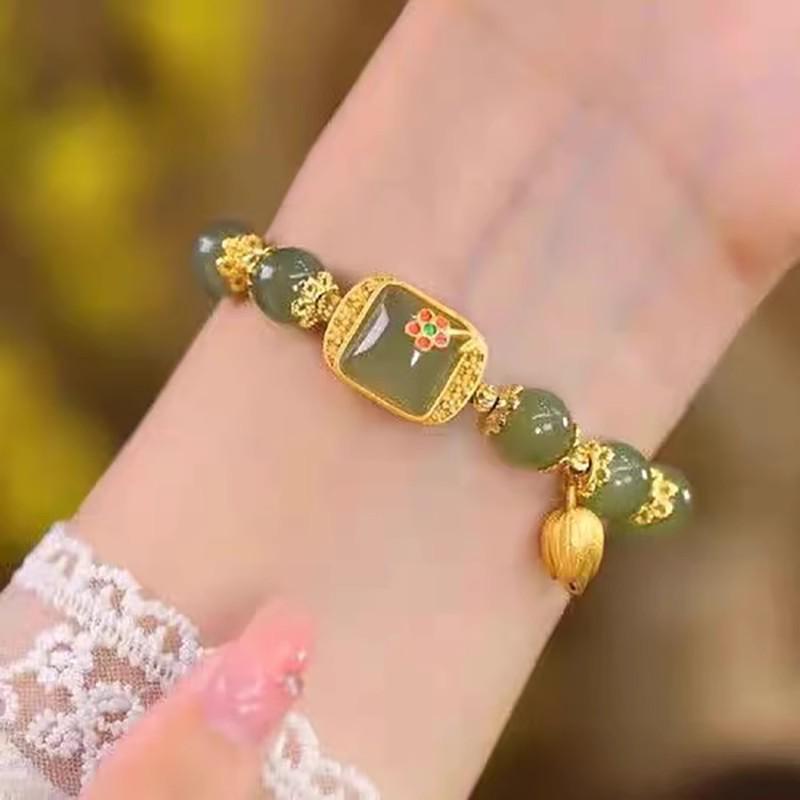 Golden Silk Jade Bamboo Bracelet: Elegant Beaded Pumpkin Design with Imitation Hetian Jade In New Chinese Retro Style