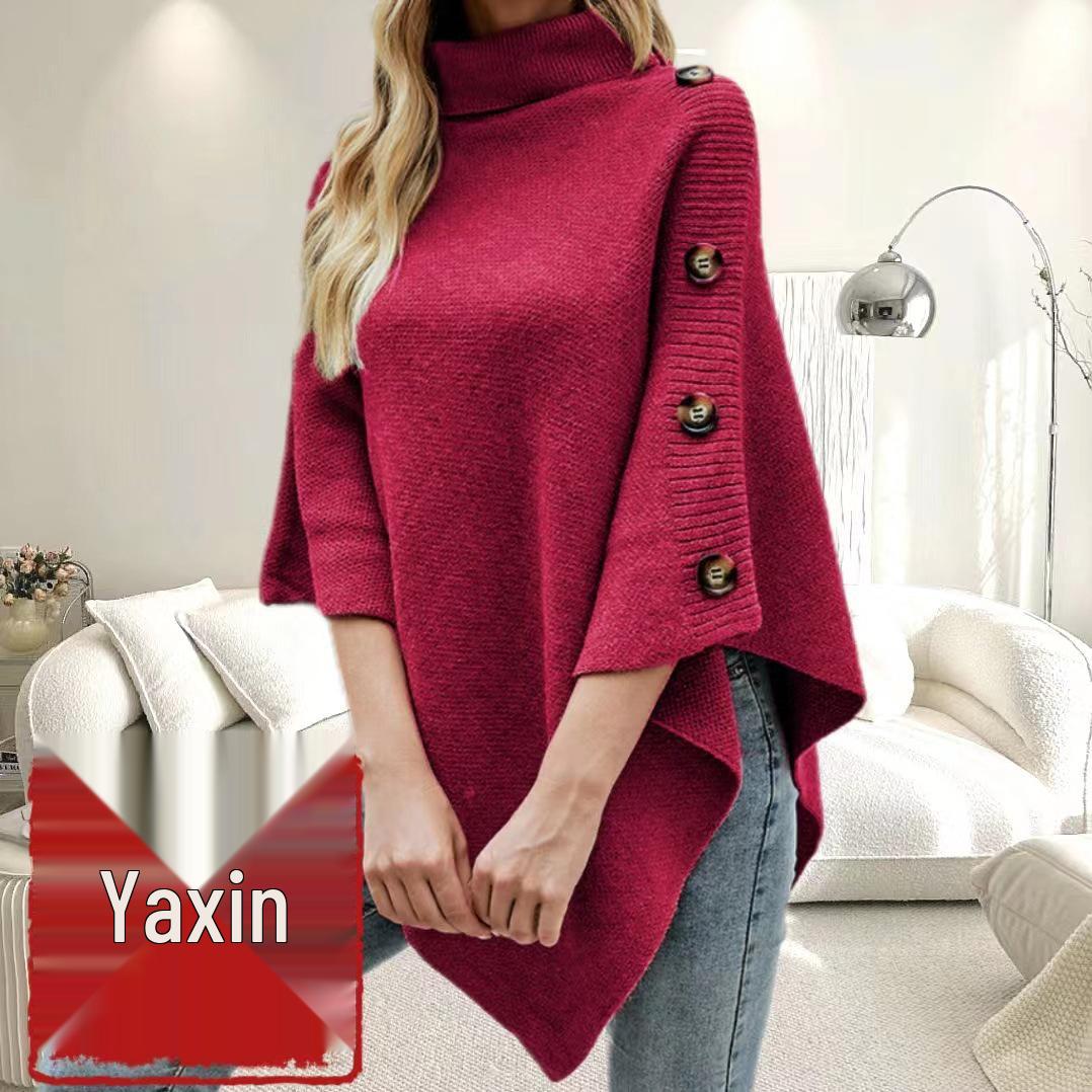 

Новый осенне-зимний свитер-пальто для женщин с высоким воротником, однотонный плащ-шаль с разрезами, вязаный трикотаж One Size (Fits 90-150 cm) розы красного