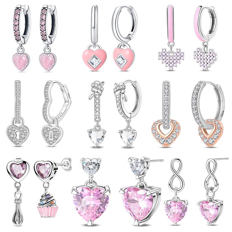 New 925 Silver Pink Heart Shape Women Earrings Brilliant Wedding Engagement Star Earrings Jewelry Gift