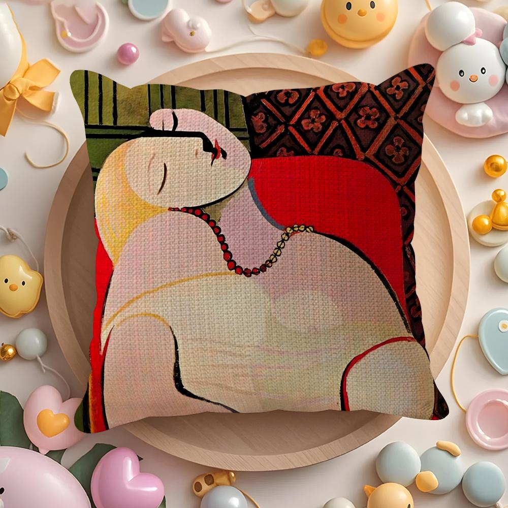 P-Picasso Oil Cushion Cover Linen Organic Fabric Double-Sided Printing Breathable Pillow Case Sofa Home Decor Gift