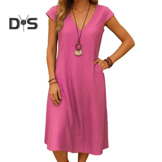 Women's Summer Cotton Linen Midi Dress V-Neck Short Sleeve Dress with Pockets Casual Beach A-Line Sundress