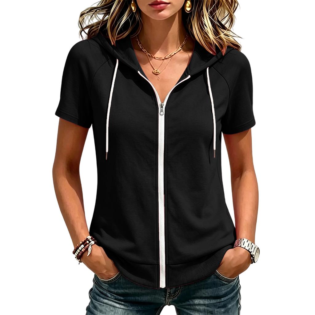 Moletom com Zíper Manga Curta Colorido Feminino Corte Solto Jaqueta Casual