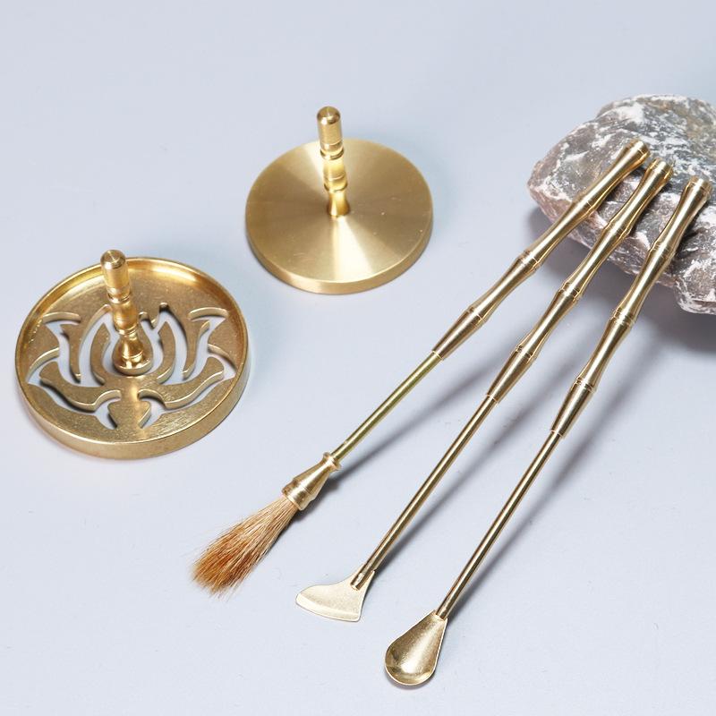 Brass Incense Ceremony Set: Natural Color Seal, Ash Press, Tamping Tool, Brush, Spade