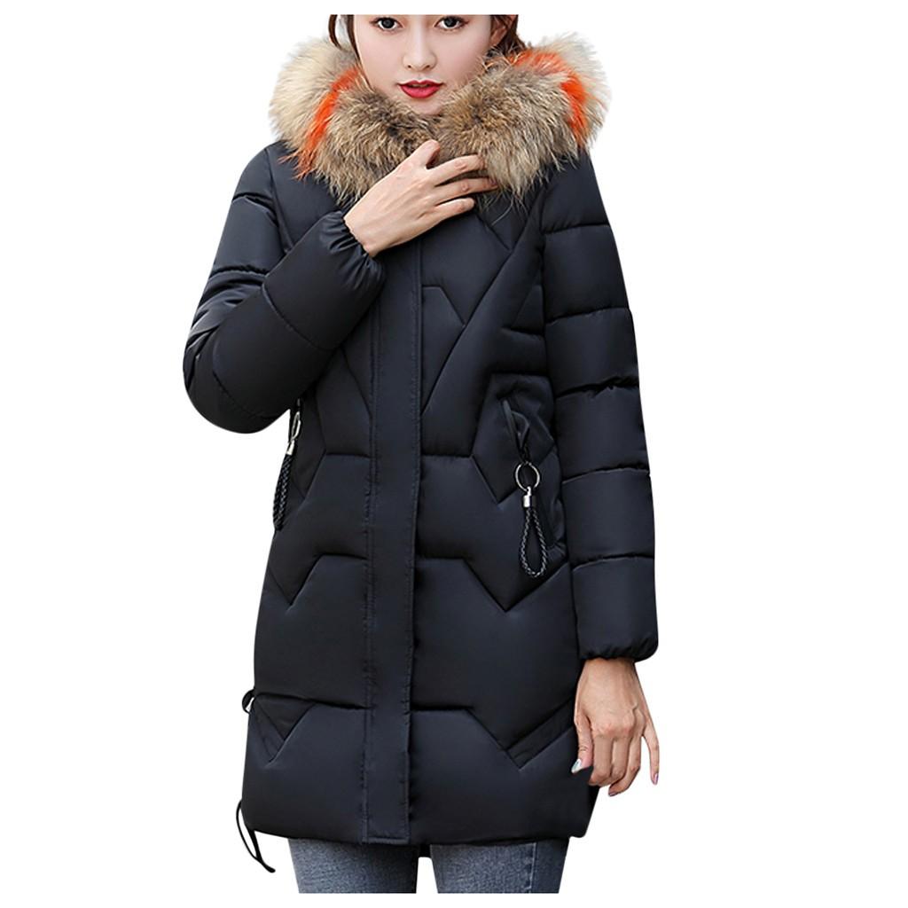 Women's Fashion Big Hair Collar Slim Waist Long Down Cotton Jacket Cotton Coat