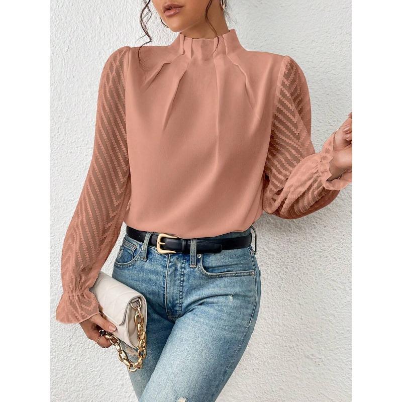 Half High Collar Long Sleeve Wavy Splicing Blouse Elegant Women Spirng Autumn Shirt Ladies Solid Color Loose Tops Sweet Simple Office Pleated Clothing