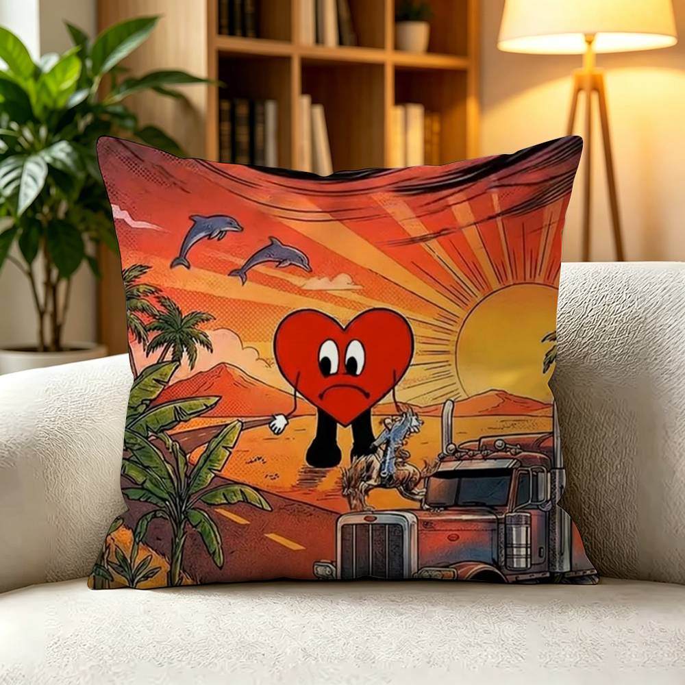 BBad Bunny Reggaeton Rapper Square DoubleSided Printed Pillow Case Bedroom Bedside Pillow Sofa Cushion Cover