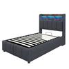 Letto imbottito 90*200cm con illuminazione LED e porta USB, testiera con ripiani, con contenitore idraulico, letto singolo per bambini, grigio lino