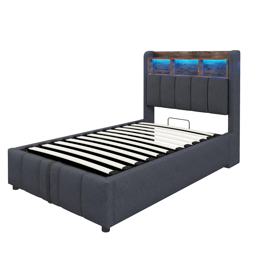 Letto imbottito 90*200cm con illuminazione LED e porta USB, testiera con ripiani, con contenitore idraulico, letto singolo per bambini, grigio lino