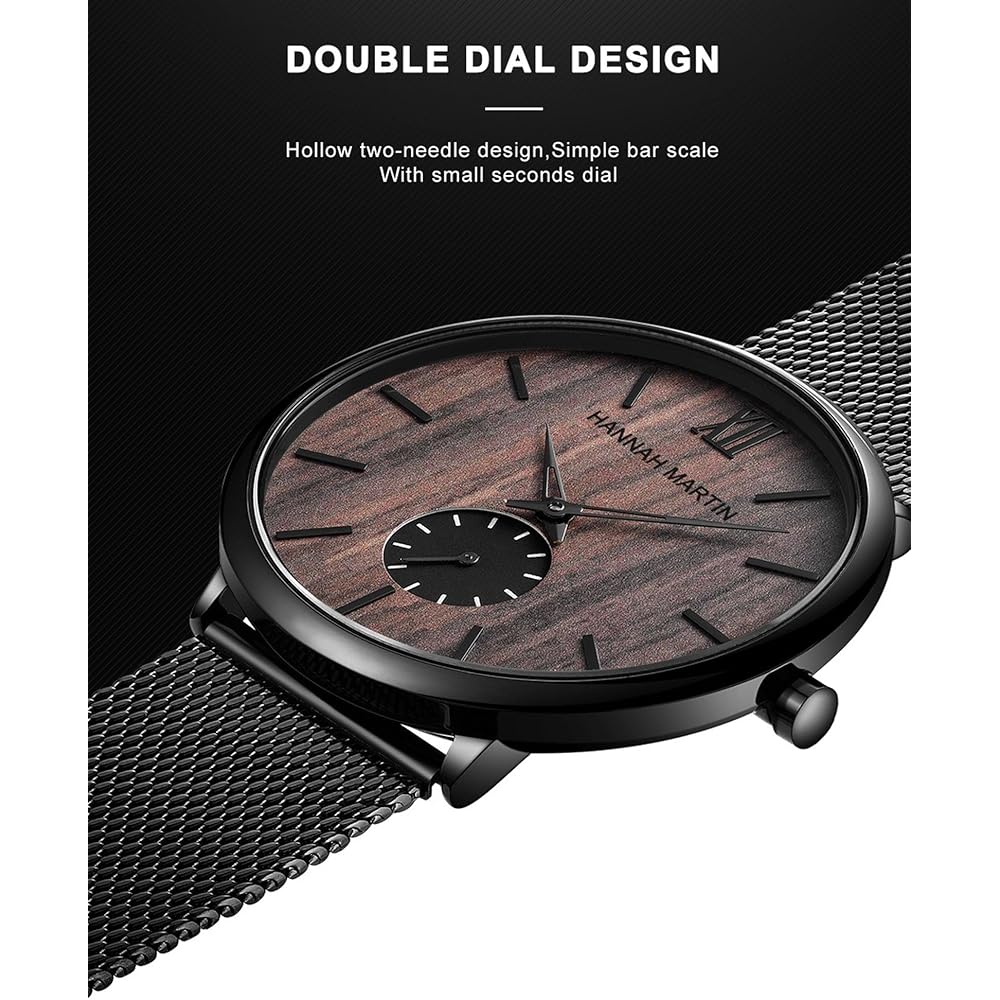 Hannah Martin Men's Ultra-Thin Black Watch Waterproof Fashion Stainless Steel Band Walnut Wood