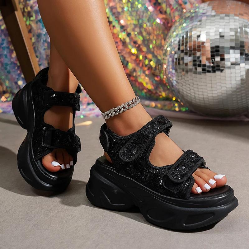 Fashion Fashion Sequins Black Chunky Sandals Women 2025 Comfort Non Slip Platform Snadles Woman Summer Plus Size Wedge Sandalias Mujer