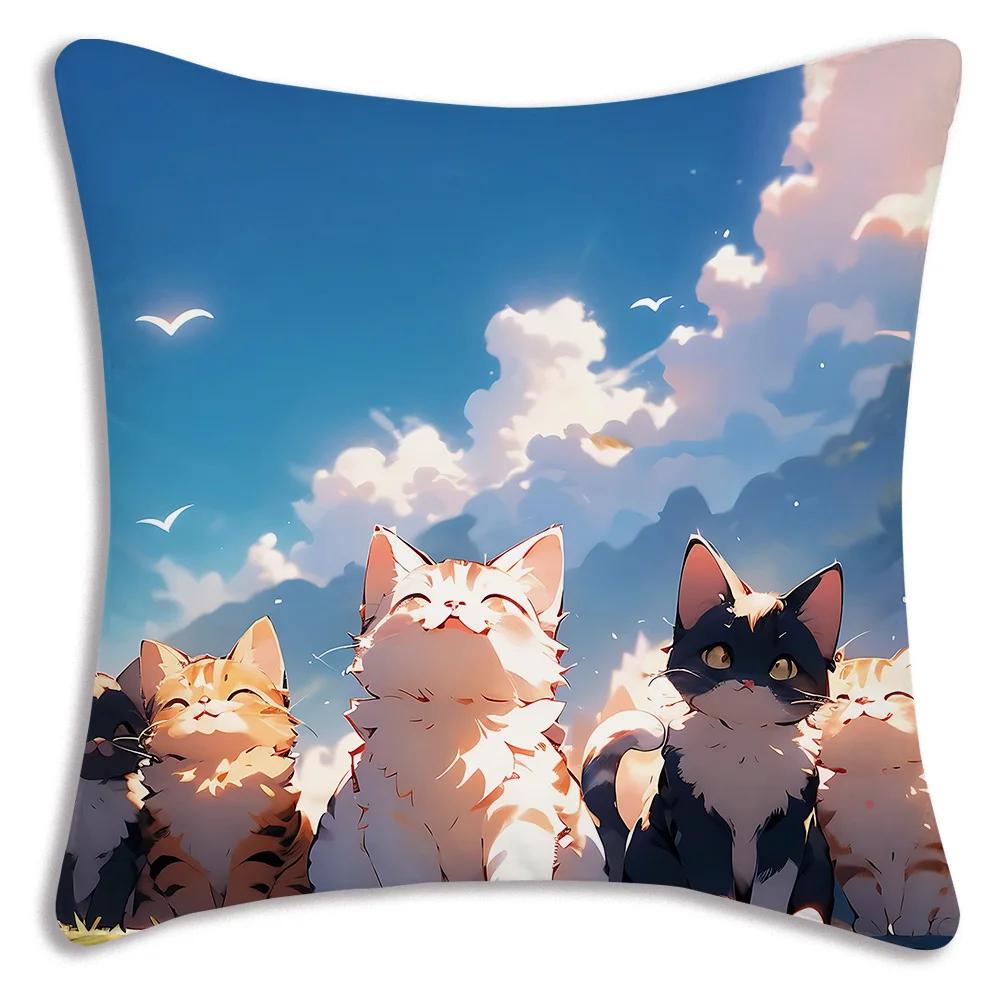 Kawaii Kreslený Roztomilá Kočka Herní Potahy na Polštáře Kreslený Dekorativní Potah na Polštář pro Domácí Pohovku s Potiskem Roztomilý Potah na Polštář