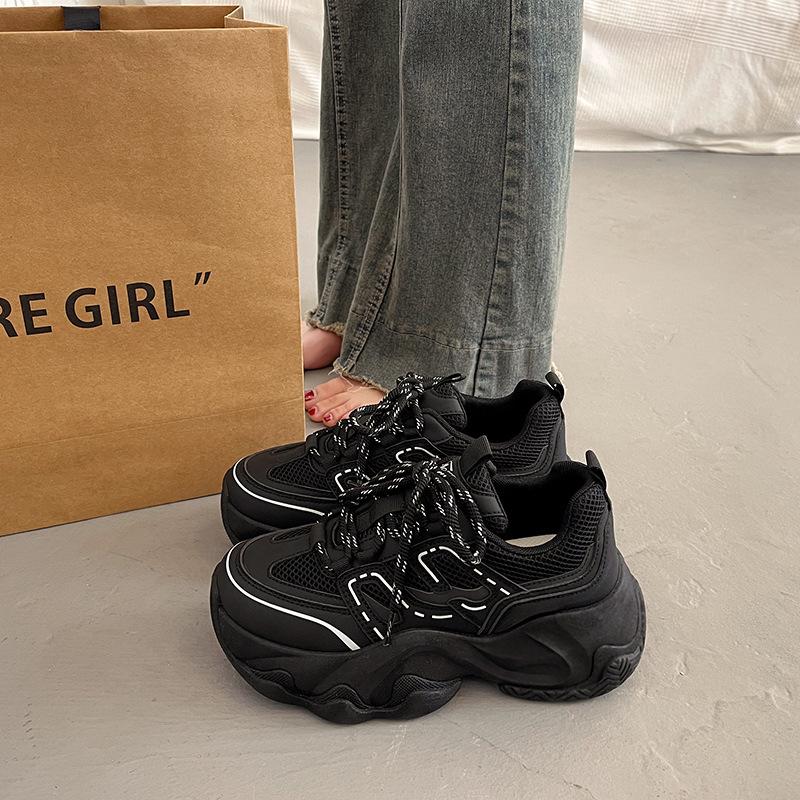 Popular Fried Street Thick-soled Heightening Dad Shoes Women's Spring and Autumn Versatile Feet Small 2025 New Black Casual Sports Shoes