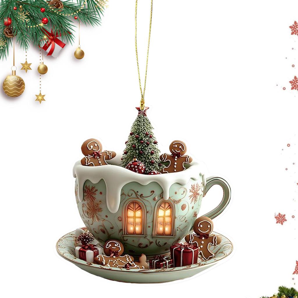 Kaffeetassen-Ornamente für den Weihnachtsbaum 2D Acryl Weihnachts-Schneehäuser Schokoladenbecher Anhänger Weihnachtsbaum- & Autodeko