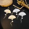 Chinese Carved Folding Fan Pearl Tassel Earrings | Retro Hanfu No-Piercing Ear Clips