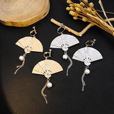 Chinese Carved Folding Fan Pearl Tassel Earrings | Retro Hanfu No-Piercing Ear Clips