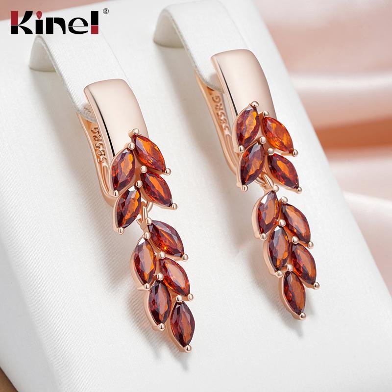 Brincos Pendentes de Folha com Zircônia Vermelha Cor Ouro Rosa Gancho Britânico Brincos de Luxo Para Mulheres Presente