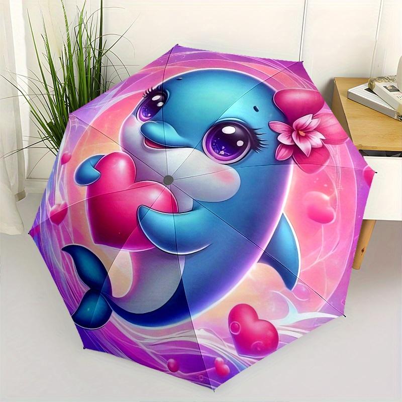 

Dolphin Love Automatic Folding Umbrella Simple 8 Rib Design, Bright Cartoon Pattern, Durable Iron Frame, Suitable For Travel, Outdoor, Beac