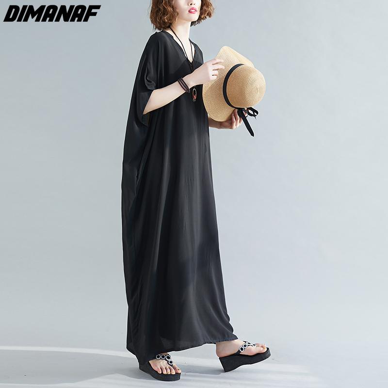 DIMANAF 2021 Plus Size Women Dress Bohemian Beach Korean Style Summer Sundress Solid Maxi Dress Loose Design Casual Long Dress