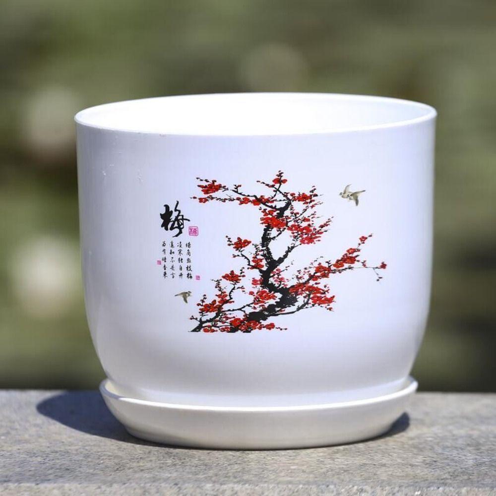 White Plastic Flower Pot With Tray Imitation Porcelain PP Resin Flower Pot  Potted Plant