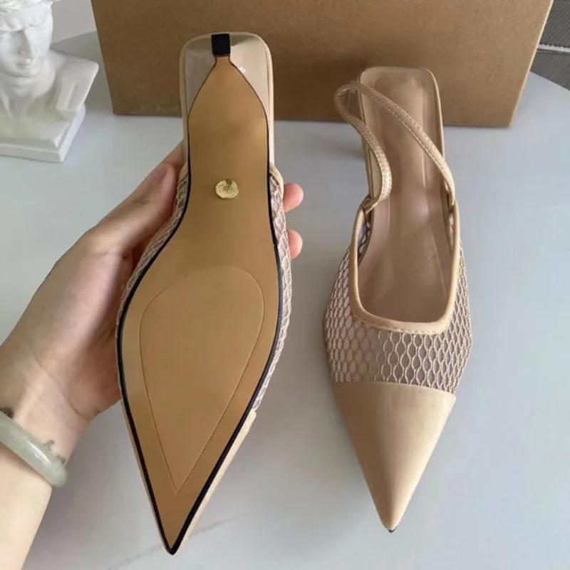 Sandale cu Toc Înalt pentru Femei de Vară cu Vârf Ascuțit Încălțăminte pentru Femei Mesh Respirabil Slingback Nud Elegant Pantofi de Petrecere pentru Doamne de Birou