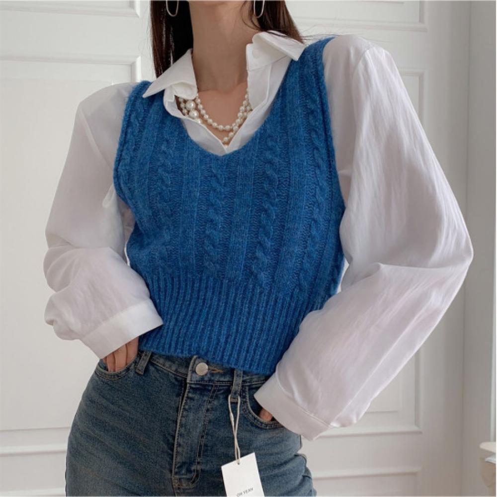 Open Run Women V Neck Wool Mohair Vest Slim