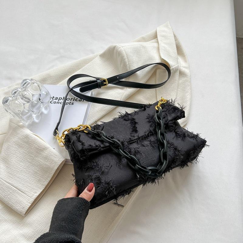 Retro Green Tassel Canvas Underarm Bags  Autumn Women Chic Chains Handbags Ladies Temperament Shoulder Bag for Party