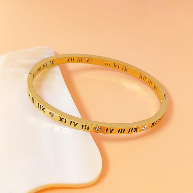 Roman Numeral Rhinestone Bangle Titanium Steel Fade Resistant Bracelet for Women Minimalist Luxe Gift for Friends