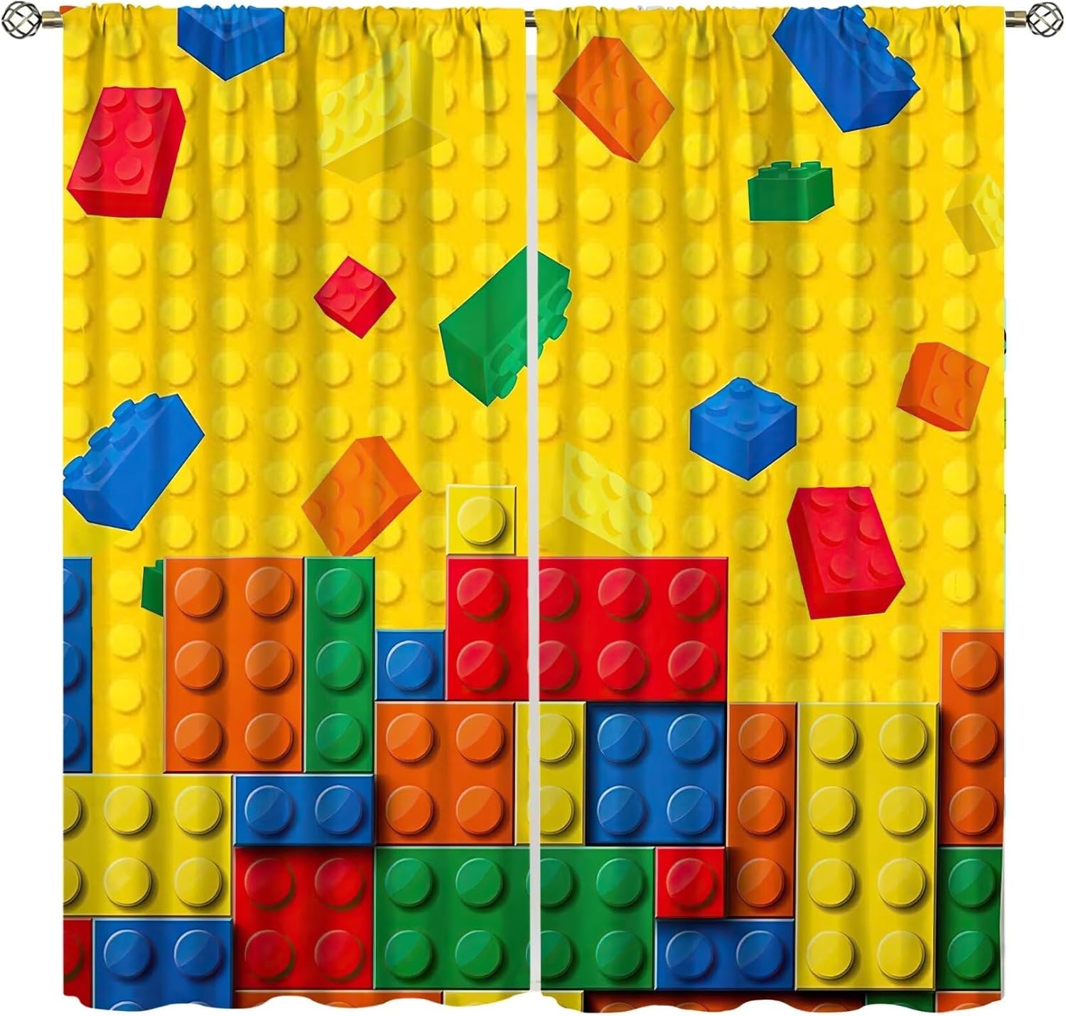 Kids Boys Window Curta,Building Blocks Toys Treatments Colorful Plastic Brick Geometric Print Pattern Abstract Contour Drapes 53x116CM-2PC