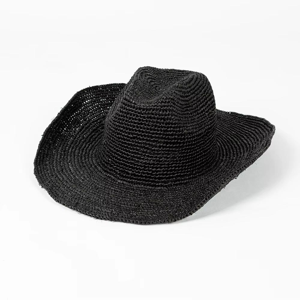 Natürlicher Raffia Stroh Handgewebter Sonnenhut Sommer Strand Gebogener Rand Jazz Panama Strohhut Europäischer und Amerikanischer Westlicher Cowboyhut