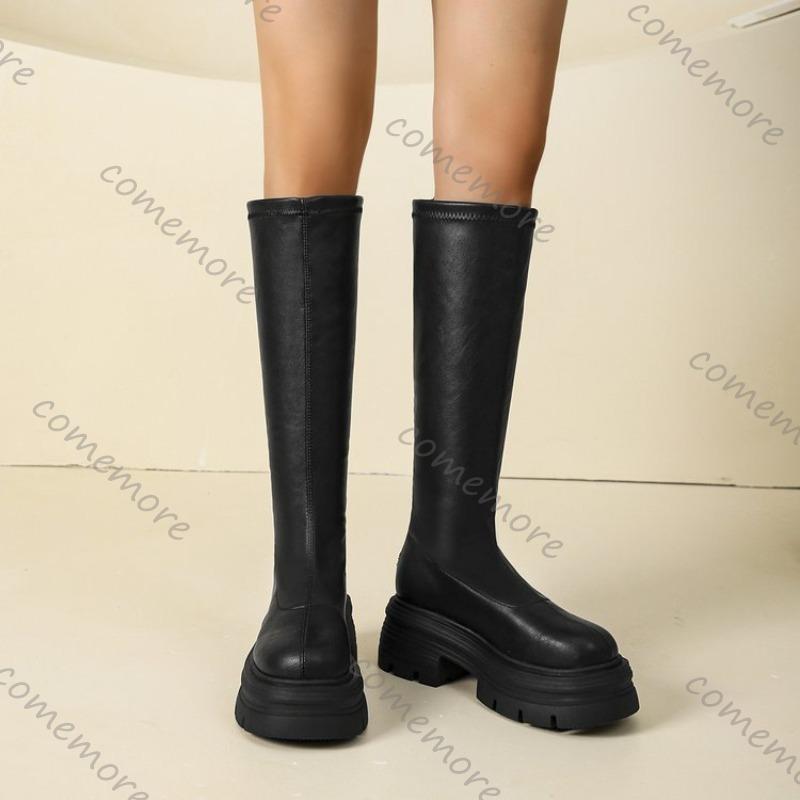 Comemore Kniehohe Stiefel für Damen Schwarz Plateau 2025 Herbst Neu Lange Ritterstiefel Klobige Hohe Absätze Botas Schuhe Damen