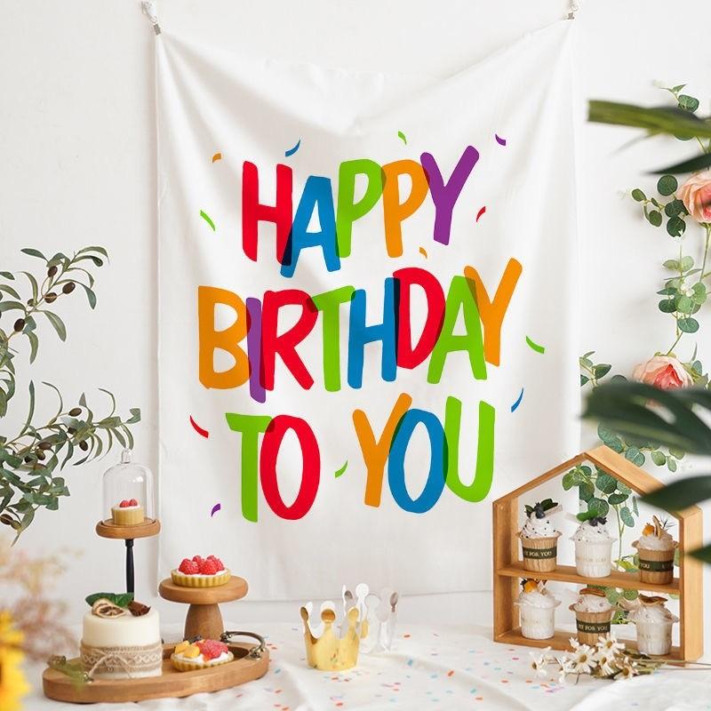 Minimalist Black White Happy Birthday Tapestry Party Backdrop for Kids Adults Birthday Decor Bedroom Photo Background