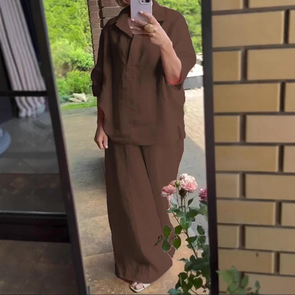 Autumn New Women's Two-piece Shirt Set Plus-size Shirt Set High-waisted Loose Trousers