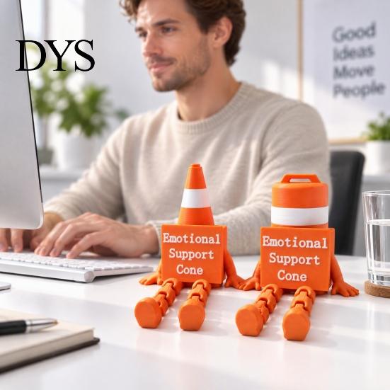 Funny Office Desk Ornaments Emotional Support Traffic Cone Buddy, Articulated Figurine with Robot Toy Sign, Monitor Decor, Companion Gift for