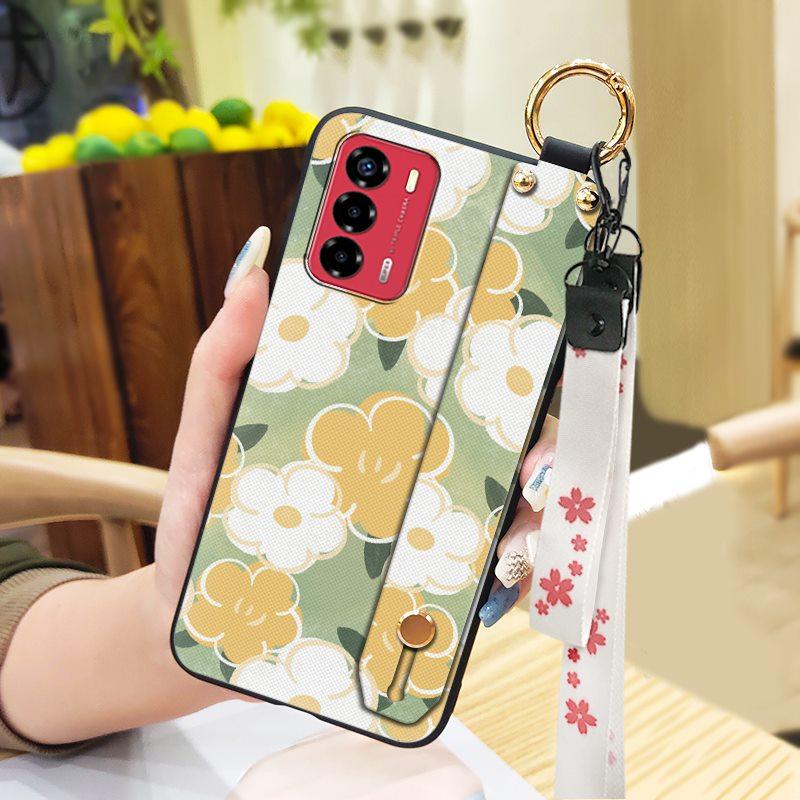 Durable Lanyard Phone Case For ZTE Blade V40 Vita/A72 Ring Anti-dust Fashion Design Silicone Kickstand Waterproof Flower