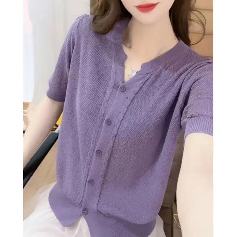 

Женская вязаная футболка с V-образным вырезом, однотонная, летняя, свободная и универсальная, простой и стильный топ S фиолетовый