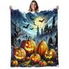 1pc Spooky Halloween & Christmas Flannel Blanket - Soft Warm 280gsm Heavyweight Jack-O'-Lanterns, Bats & Haunted House Print with Glowing Eyes - All-S
