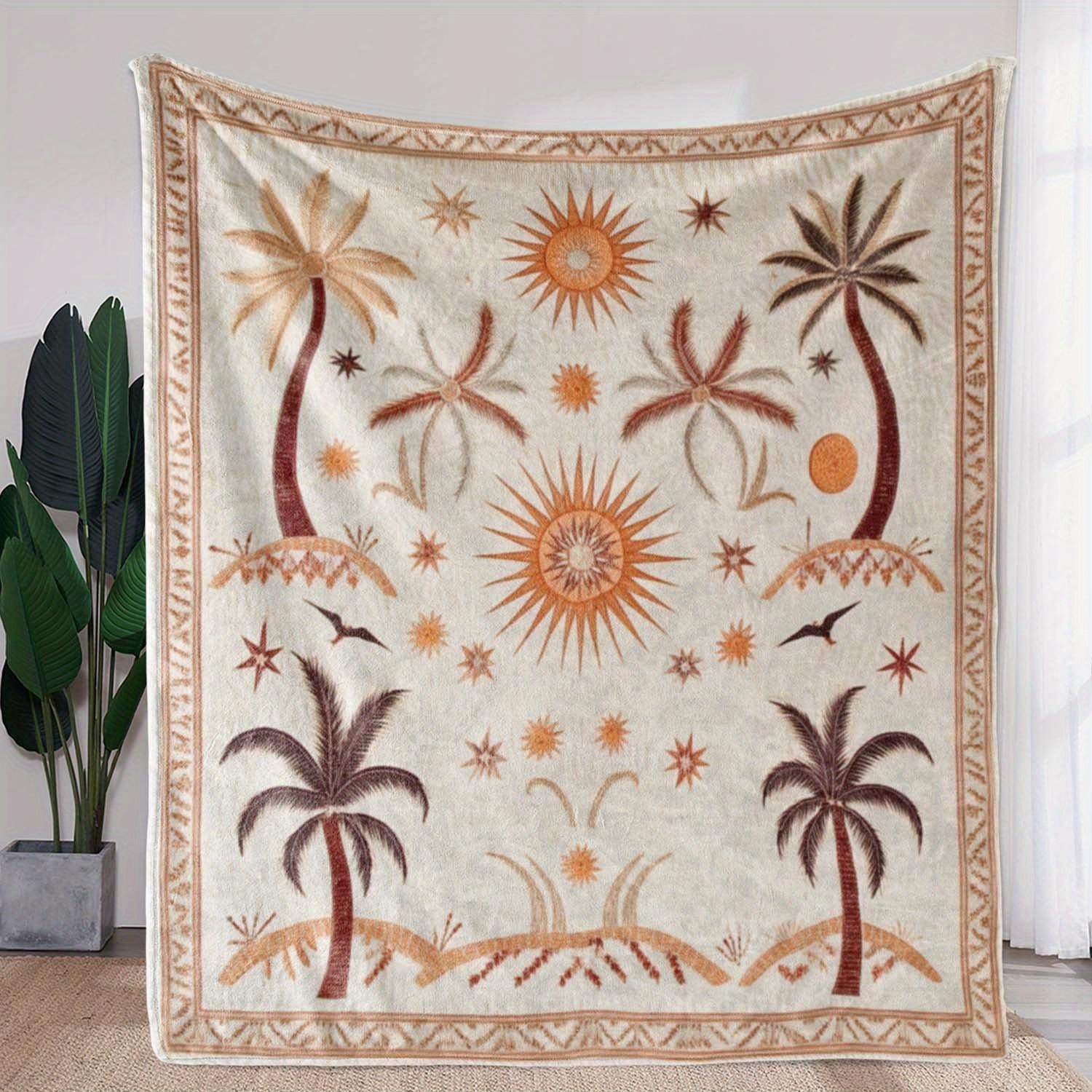 1pc Sdoo Vintage Tropical Palm Tree & Sun Print Flannel Blanket - Soft Warm All-Season Throw for Sofa Bed Car Camping Office, Co 75x90cm