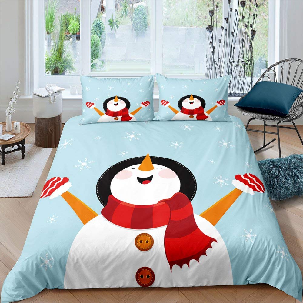 Kids Cartoon Snowman King Queen Duvet Cover Winter Quilt Cover White Snowflake Christmas Bedding Set Polyester Comforter Cover