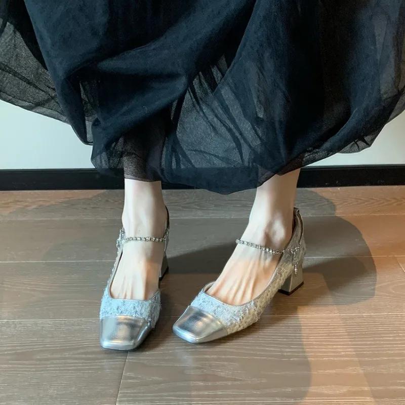 2025 Brand Ladies Shoes Shallow Women's High Heels Bling Square Toe Dress Pumps Women Best Seller The Chain Mary Janes